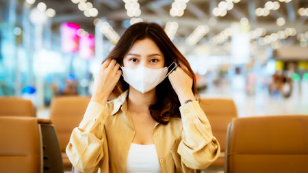 Asian woman waiting for departure at the airport on vacation holiday. Asia female passenger taking out mask protection on face and looking at cameraの写真素材