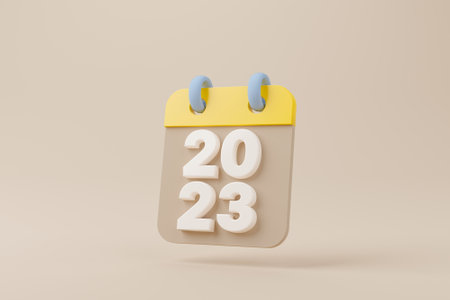 New year resolution 2023. Calendar on brown background. 3d rendering illustrationの写真素材
