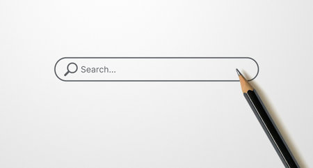 Searching information data on internet networking concept. Black pencil on white background and search barの写真素材