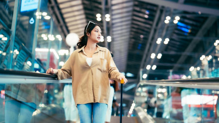 Young asian woman passenger in airport terminal or modern train station. Asia woman commuter travels with luggage on escalatorの写真素材