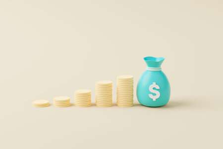 Money bag with icon dollar currency and gold coin stack on background. Save money and investment concept. 3d render illustrationの写真素材