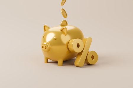 Gold color percentage icon and piggy bank. Save money and investment concept 3d illustrationの写真素材