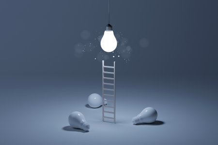 Light bulb bright outstanding among lightbulb with ladder on white background. Concept of creative idea and inspire innovation, Think different, Standing out from the crowd. 3d renderingの写真素材