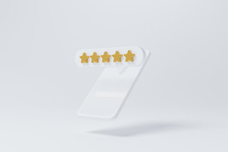 Mobile smartphone and five gold star meaning review. The best excellent business services rating customer experience concept. Minimal design. 3d illustrationの写真素材