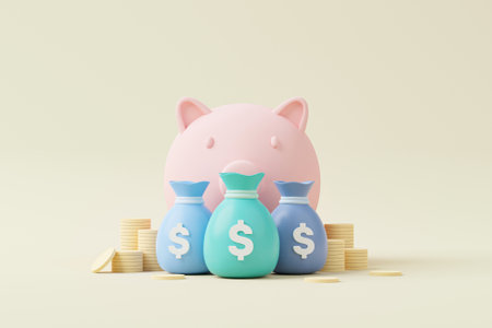 Money bag with icon dollar currency and gold coin stack and piggy bank on background. Save money and investment concept. 3d render illustrationの写真素材