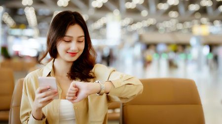 Asian woman waiting for departure at the airport on vacation holiday. Asia female passenger using mobile smart phone and sitting in terminal hall while waiting for her flightの写真素材