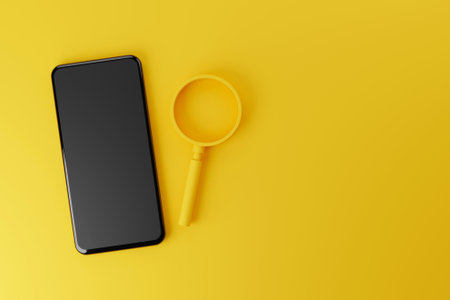 Mobile smartphone and magnifying glass on yellow background. Searching information data in smart phone on internet networking concept. Clipping path included. 3d illustrationの写真素材