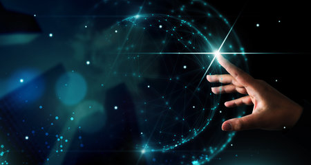 Big data computing concept. Digital neural network. Hand touching introduction of artificial intelligence. Global communication network. Cyberspace of future. Science and innovation of technologyの写真素材
