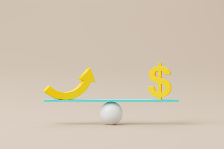 Dollar sign and icon arrow on scale seesaw. Balance scale on background. 3d illustrationの写真素材