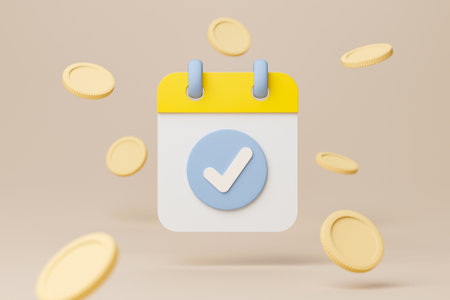 Calendar minimal simple design with check mark and gold cions on brown background. Time is money concept. Save money and investment. 3d rendering illustrationの写真素材
