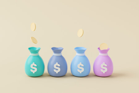 Money bag with icon dollar currency and gold coin on background. Save money and investment concept. 3d render illustrationの写真素材