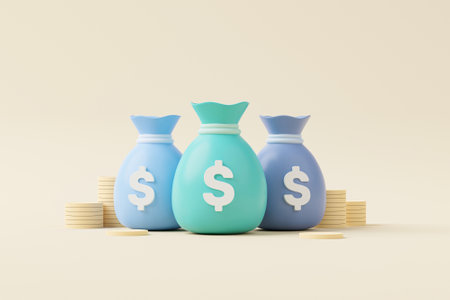 Money bag with icon dollar currency and gold coin stack on background. Save money and investment concept. 3d render illustrationの写真素材