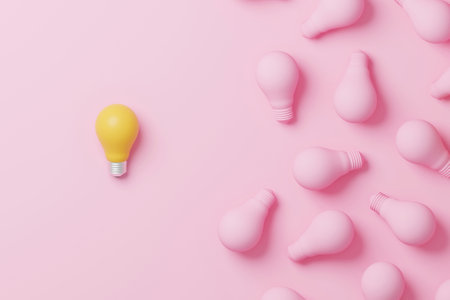 Light bulb yellow outstanding among lightbulb group. Concept of creative idea and innovation, Unique, Think different, Individual and standing out from the crowd. 3d render illustrationの写真素材