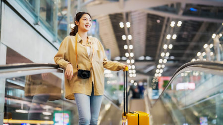 Young asian woman passenger in airport terminal or modern train station. Asia woman commuter travels with luggage on escalatorの写真素材