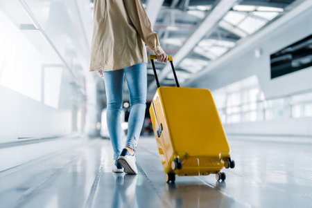 International airport terminal. Asian beautiful woman with luggage and walking in airportの写真素材