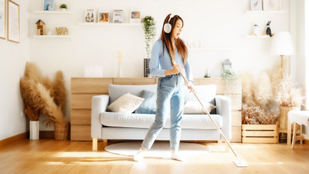House cleaning with fun. Happy young asian housewife singing her favorite song during cleanup, using mop as microphone, enjoying domestic work. Young woman dancing and cleaning in living roomの写真素材