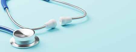 Top view of medical stethoscope on cyan background. Health care insurance concept. 3d rendering illustrationの写真素材