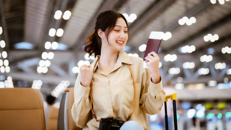 Asian woman waiting for departure at the airport on vacation holiday. Portrait smiling asian young woman looking to camera. Facial expression happyの写真素材