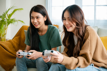 Two people beautiful young asian woman sitting on sofa and holding joystick remote control playing...