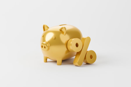 Gold color percentage icon and piggy bank on white background. 3d illustrationの写真素材