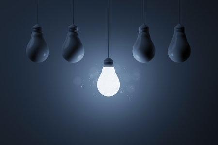 Light bulb bright outstanding among lightbulb on white background. Concept of creative idea and inspire innovation, Think different, Standing out from the crowd. 3d rendering illustrationの写真素材