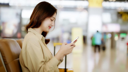 Asian woman waiting for departure at the airport on vacation holiday. Asia female passenger using mobile smart phone and sitting in terminal hall while waiting for her flightの写真素材