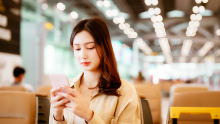 Asian woman waiting for departure at the airport on vacation holiday. Asia female passenger using mobile smart phone and sitting in terminal hall while waiting for her flightの写真素材