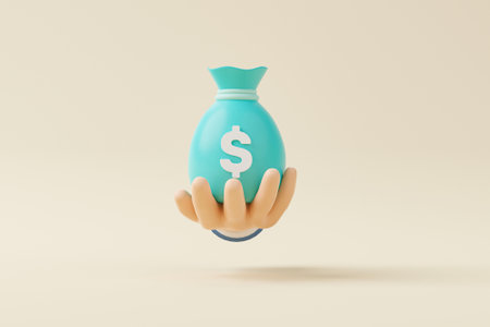 Hand holding money bag with icon dollar currency on background. Save money and investment concept. 3d render illustrationの写真素材