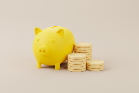 Save money and investment concept. Piggy bank and coins stack on background. 3d renderの写真素材