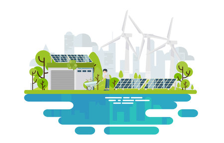 Modern eco warehouse, solar energy panels. Smart factory and save energy sustainable, zero waste concept. Vector Illustrationのイラスト素材