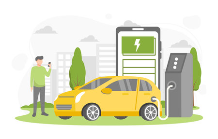 Electric car charging station with person, solar energy, electric vehicle and city background, future innovative technology and alternative save energy concept. Vector illustrationのイラスト素材
