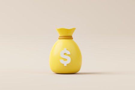 Money bag with icon dollar currency on background. Save money and investment concept. 3d render illustrationの写真素材