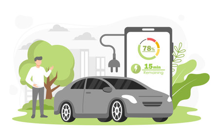 Electric car charging station with person, solar energy, electric vehicle and city background, future innovative technology and alternative save energy concept. Vector illustrationのイラスト素材