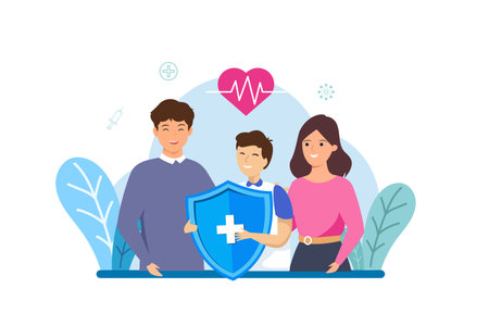 Family health care and life insurance concept. Group people holding shield protection and heartbeat icon. Vector illustrationのイラスト素材