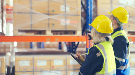 Warehouse workers holding digital tablet checking inventory management packaging boxes. Two staff...