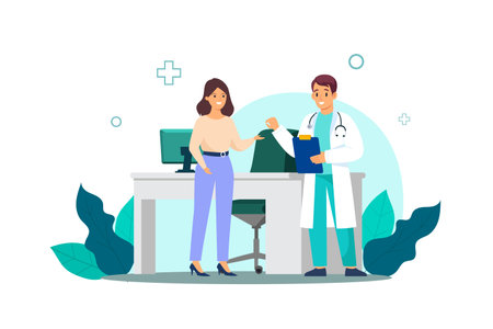 Health care and life insurance concept. Doctor and patient people medical exam. Vector illustrationのイラスト素材