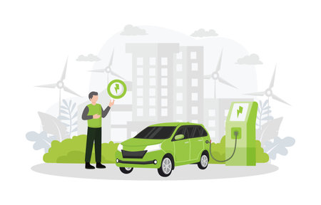 Electric car charging station with person, solar panels, electric vehicle and wind turbines and city background, future innovative technology and alternative save energy concept. Vector illustrationのイラスト素材