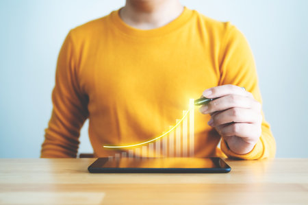Business development to success and growing growth concept. Businessman pointing arrow graph corporate future growth planの写真素材
