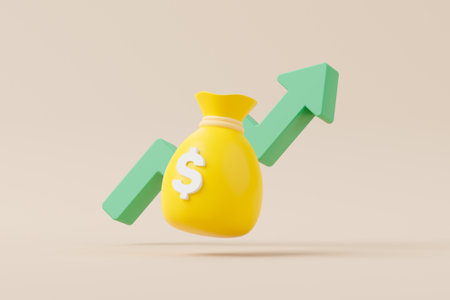 Money bag with icon dollar currency and arrow growth on background. Save money and investment concept. 3d render illustrationの写真素材