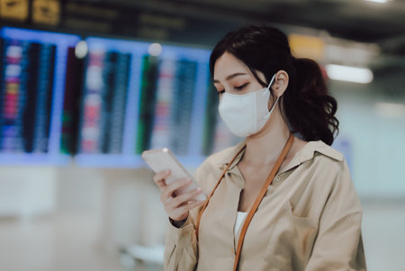 Young asian woman wearing facial mask protection with passport and boarding pass as a hand in international airport looking at the flight information board, checking her flightの写真素材