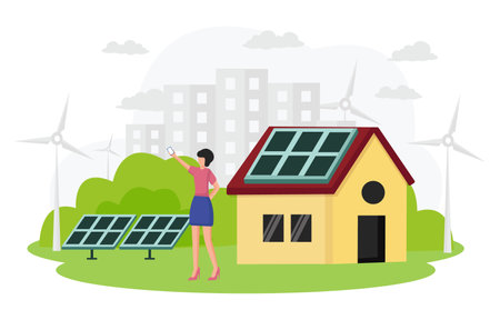 Modern eco house and windmill, solar energy panels. Smart home and save energy sustainable concept. Vector Illustrationのイラスト素材
