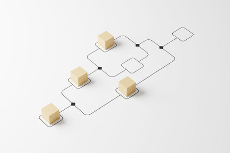Business process and workflow automation with flowchart. Wooden cube block arranging processing management on white background. 3d render illustrationの写真素材