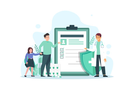 Health care and life insurance concept. Doctor and family people medical exam with big clipboard document. Vector illustrationのイラスト素材