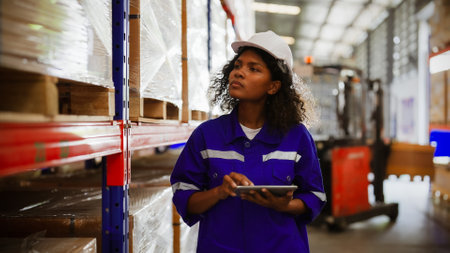 Young black woman warehouse workers holding digital tablet checking inventory management packaging boxes. Afro woman staff wearing vest and safety helmet and walking count the box at storehouseの写真素材