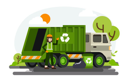 Zero waste separation concept. Containers car with waste for recycle garbage. Waste management with, garbage truck and trash bin. Sanitation workers clean up trash by sorting it. Vector illustrationのイラスト素材
