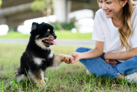 Happy young asian woman playing and sitting on grass in the park with her dog. Pet lover conceptの写真素材