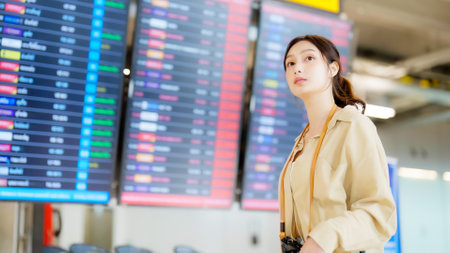 Young asian woman with passport and boarding pass as a hand in international airport looking at the flight information board, checking her flightの写真素材