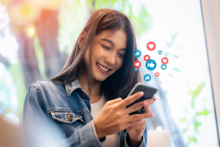 Young asian women watching live streaming video in a cafe coffee shop. Happy female using mobile smartphone social media application for entertainmentの写真素材