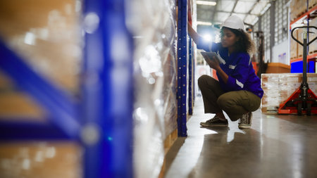 Young black woman warehouse workers holding digital tablet checking inventory management packaging boxes. Afro woman staff wearing vest and safety helmet and sitting count the box at storehouseの写真素材