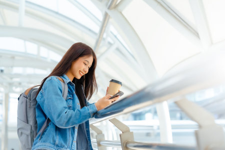 Young asian woman using mobile in city. Happy female tourist wearing jeans jacket and holding smartphone at publicの写真素材
